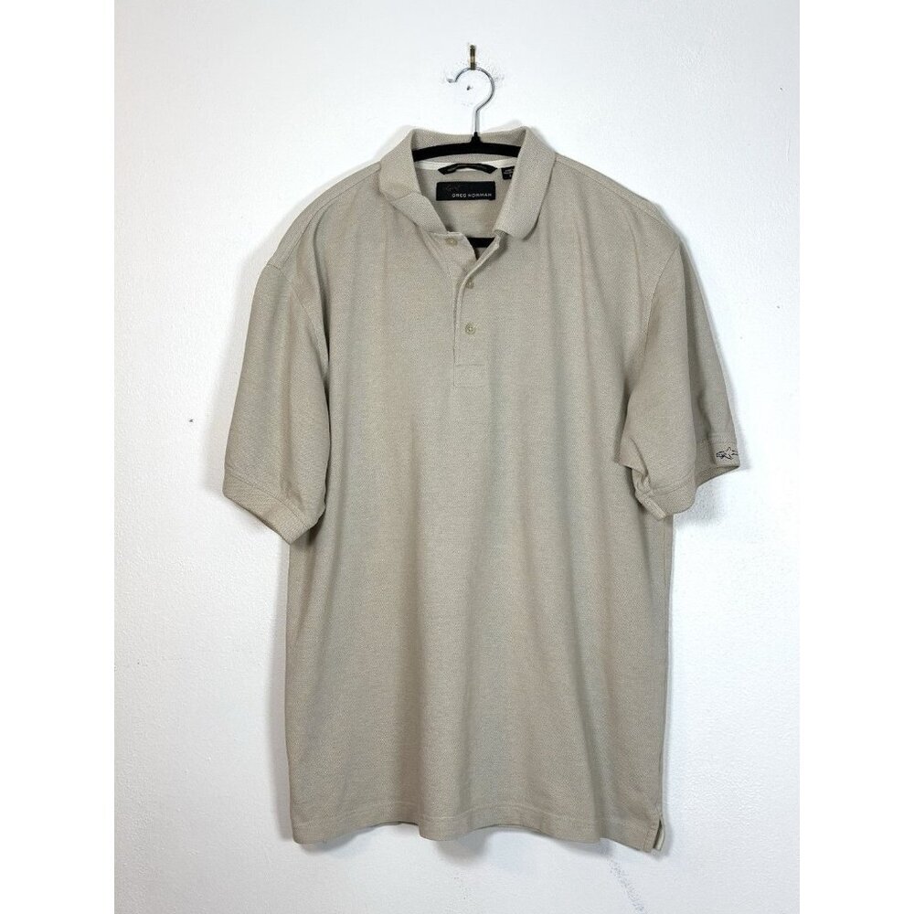 Greg Norman Polo Shirt Mens Size Large Short Sleeve Beige‎ L Golf Shark Cotton
